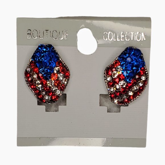 Patriotic Rhinestone Red White and Blue Clip On Earrings NWT - Picture 3 of 3